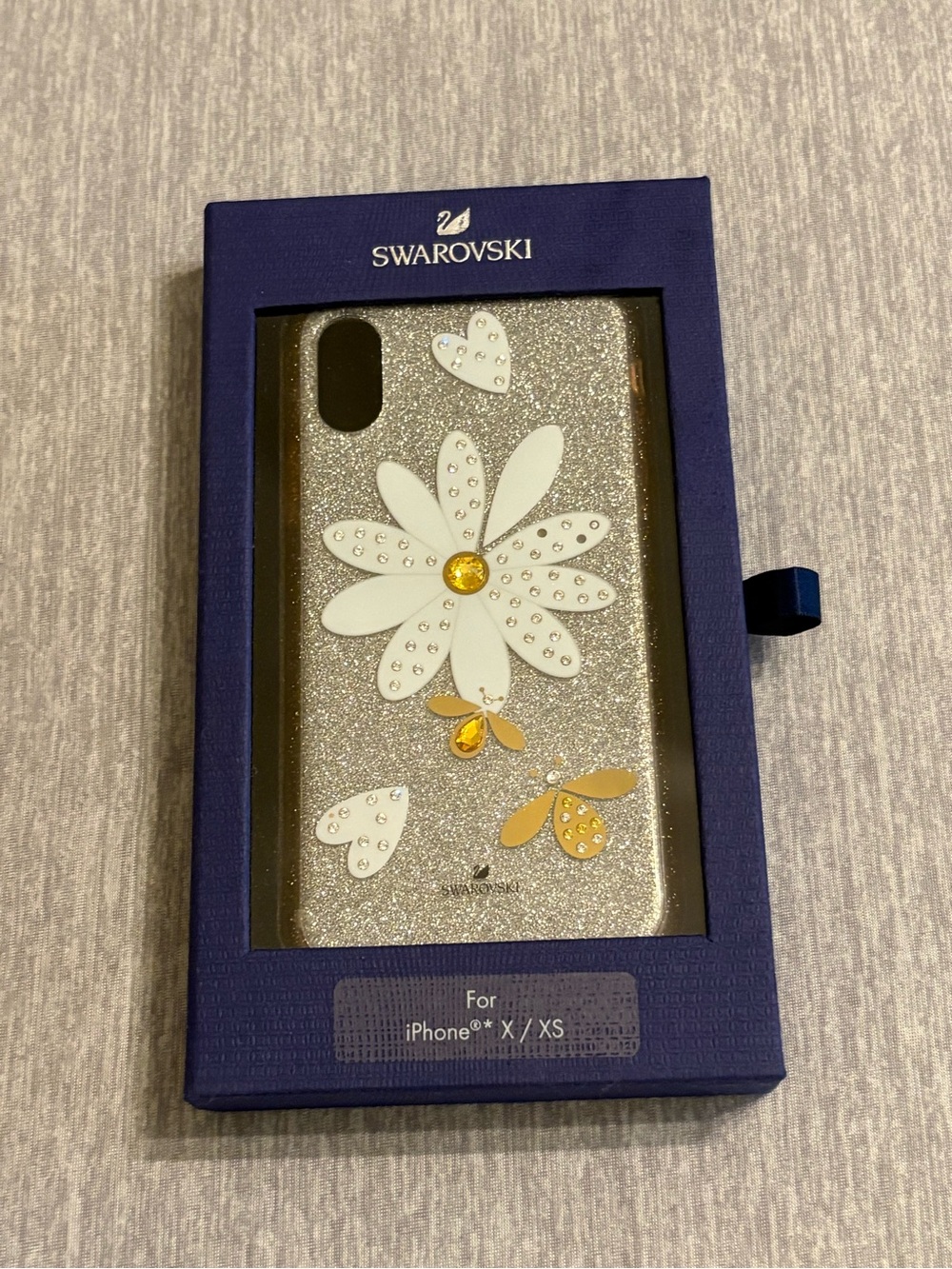 Swarovski Silver Glitter Daisy iPhone X/XS Case with White & Gold Accents